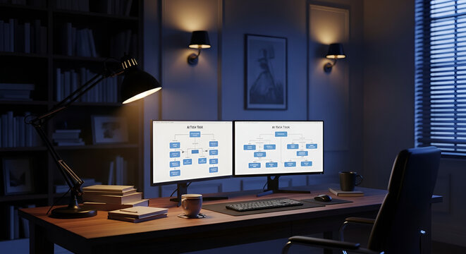 Late night office workspace with dual monitors and flowcharts