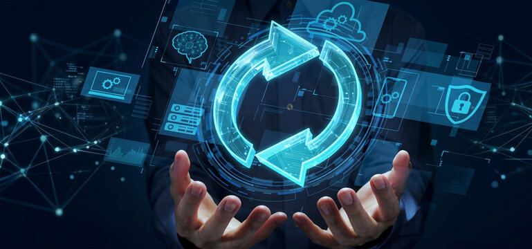 Digital cycle refresh arrows, High tech system update, Global data flow connectivity, Sustainable technology loop, Advanced software synchronization tech, Professional network update protocol, Modern 