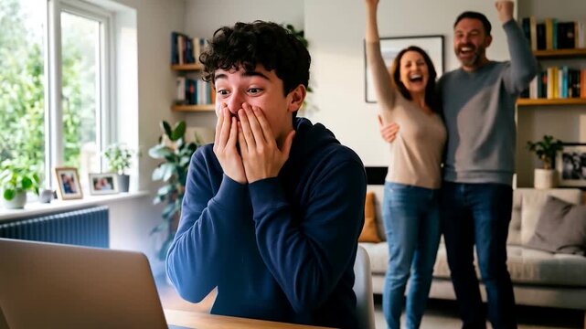 Young student discovering he has been accepted to university while celebrating joyfully with his family at home in an emotional and proud moment.