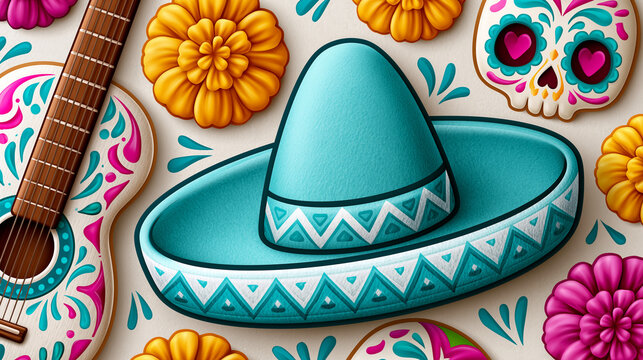 Colorful sombrero and guitar with marigolds and sugar skulls design  