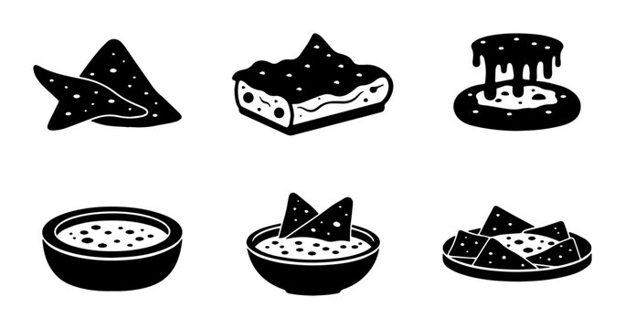 Mexican Food Icons: Nachos, Guacamole, Cheese Dip, Vector Graphics for Culinary Design