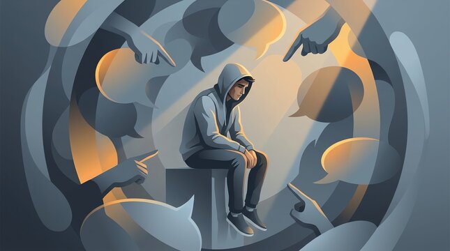 Sad young man sitting alone surrounded by multiple accusing fingers and floating speech bubbles in this conceptual digital art photo