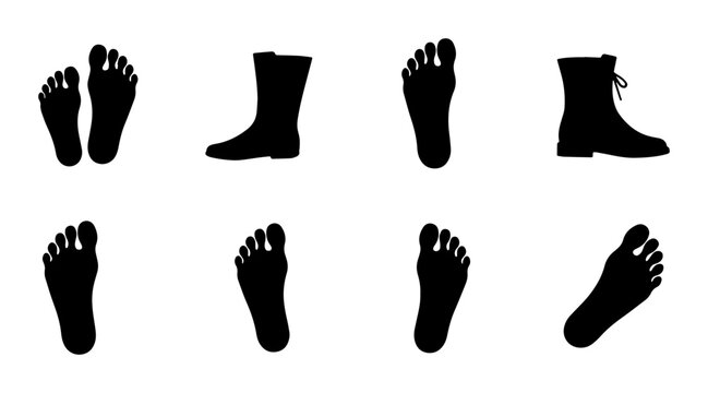 Foot Silhouettes Collection: Bare Feet, Boots, Various Angles, Vector Icons for Health, Fashion, and Movement