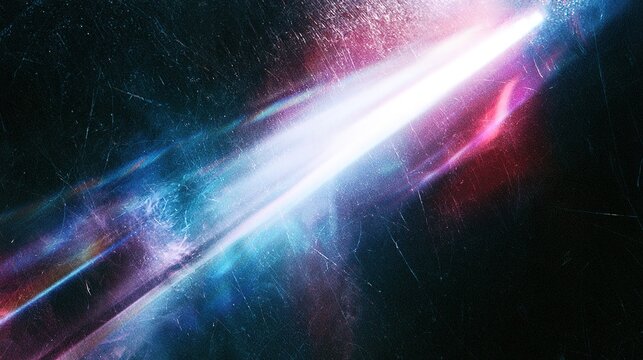 Dark textured abstract background with prominent light leaks and lens flare effects, diagonal glowing white light streaks with blue purple pink refractions, heavy film grain, fine scratches