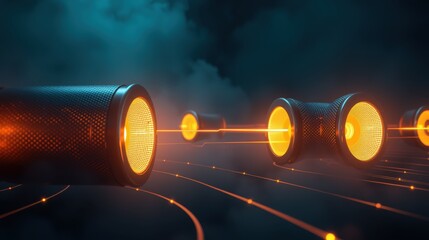 Fototapeta premium Futuristic tunnel, glowing orange cylinders, bright lines. Dark background creates dramatic visual effect. Minimalist design.