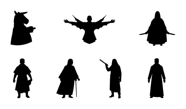 Mystical Silhouette Figures Vector Set: Wizard, Prophet, Monk, Sorcerer, Ancient Characters, Fantasy Icons, Black Icons