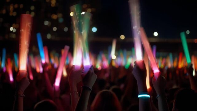 Fans holding and waving colorful light sticks at a music festival or concert at night