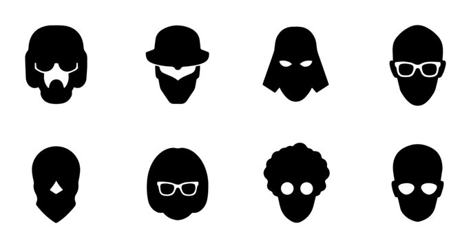 Diverse Human Face Silhouettes, Character Icons Set, Minimalist Black Head Profiles, Stylized Avatars Collection