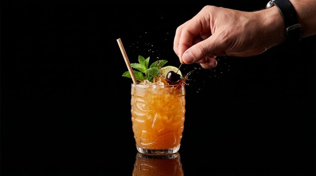 Splash Photography of a Hand Dropping a Cherry into a Tiki Mug Cocktail with Mint and Lime on Black Background