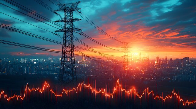 Energy investment chart with utility poles and wires banner