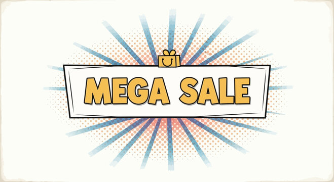Mega Sale Pop Art Banner with Gift Icon and Radial Background