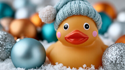 Obraz premium Rubber duck wearing a knit hat surrounded by Christmas ornaments 