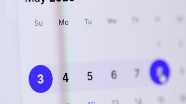 Macro 4K video of a cursor selecting dates on a calendar (from 3rd to 8th), showing blue highlights and a connecting line.