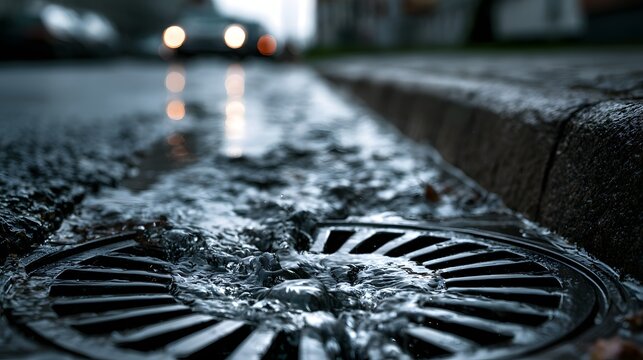 &Uuml;berlaufender Strassenabfluss bei Starkregen in europ&auml;ischer Stadt