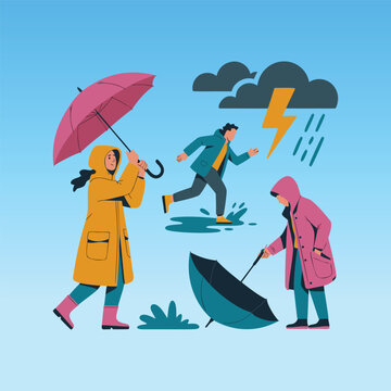 People in Raincoats and Holding Umbrellas During Thunderstorm and Rain Vector Illustration