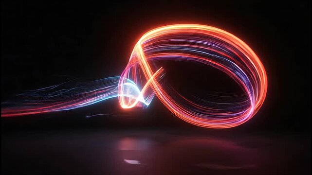 Swirling neon light trails create a dynamic, abstract display against a dark background