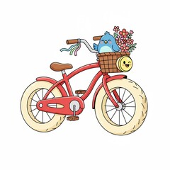 Fototapeta premium Cute red cartoon bicycle with a happy blue bird and colorful flowers in a front basket