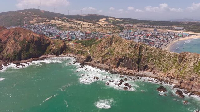 Breathtaking aerial drone view of Eo Gio coastal cliffs in Quy Nhon, Binh Dinh province, Vietnam