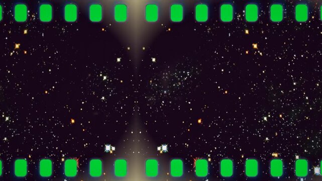 Stars Night Space Galaxy negative film strip on green screen chroma key background. sparkling particle universe style stock footage for cinematic video editing and creative media projec visual