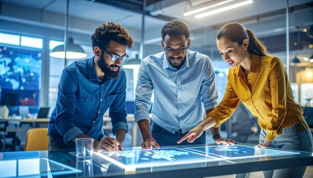 business team at work,collaborate intensely around a futuristic digital desk in a modern technology office. They seemed focused on analyzing the global map data that glowed on the large touch screen, 