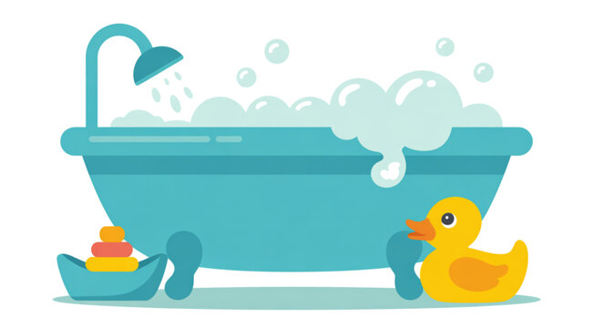 Baby bath time with rubber duck and bubbles in a blue tub Vector