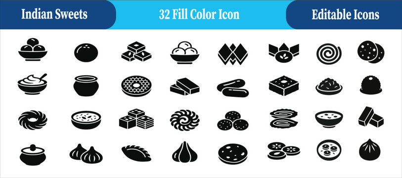 32 Indian sweets icon set. Fill color icon set. 32 Editable Color Vector Dessert Icons Including Rasgulla, Jalebi, Kaju Katli, Peda and Traditional Mithai Illustrations