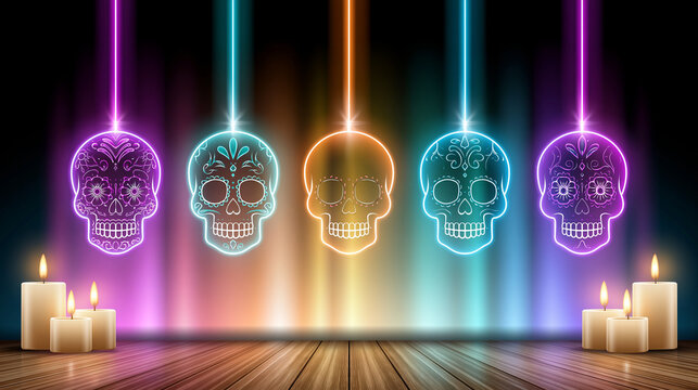 Colorful illuminated skulls hanging with candles on wooden table  