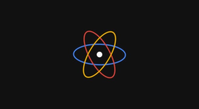 Animated atomic orbit model with rotating colorful rings on animation