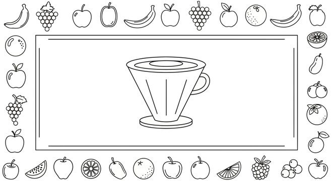Drip Coffee Maker Icon with Fruit Border - Minimalist Line Art