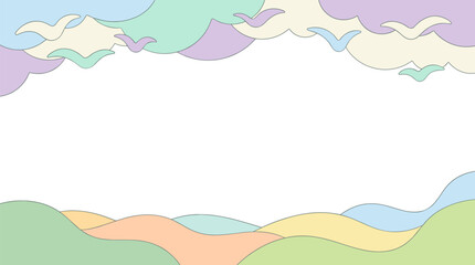 Fototapeta premium Soft pastel landscape illustration with rolling hills and stylized clouds with flying birds, featuring a central white space for copy.