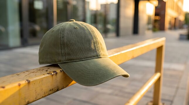 Blank olive green dad hat mockup resting on yellow urban street barrier in warm editorial lifestyle landscape composition