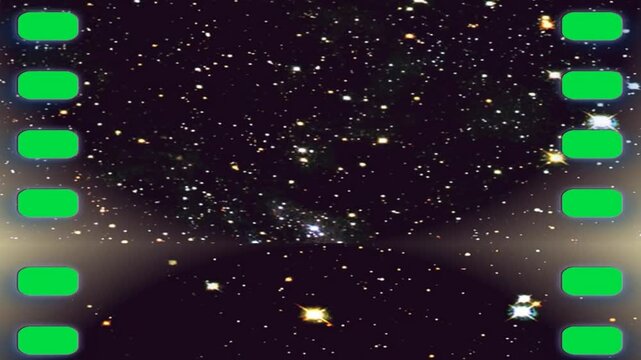 Deep Space Stars Universe negative film strip on green screen chroma key background. cosmic particle border style stock footage for cinematic video editing and creative media projects. resolution