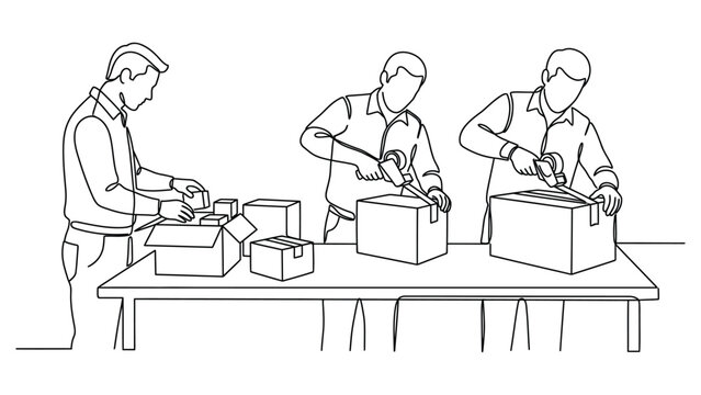 continuous line art Three workers packing boxes on table.