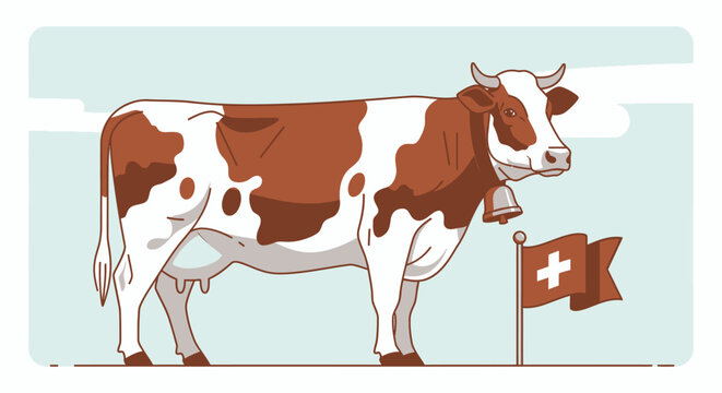 Brown and white cow standing still.