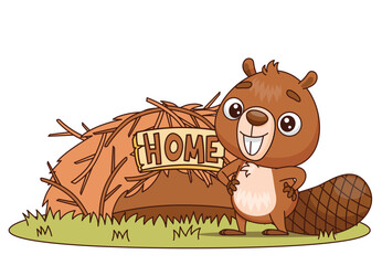 A cheerful and playful cartoon beaver stands proudly next to its cozy home, showcasing a vibrant and joyful scene © EnyaLis