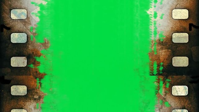 Water Damaged Wet Rough negative film strip on green screen chroma key background. messy texture style stock footage for cinematic video editing and creative media project media composition template