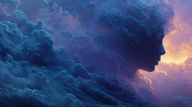 A surreal image of a human face emerging from swirling clouds, blending ethereal blue and purple tones with a glowing sunset background.