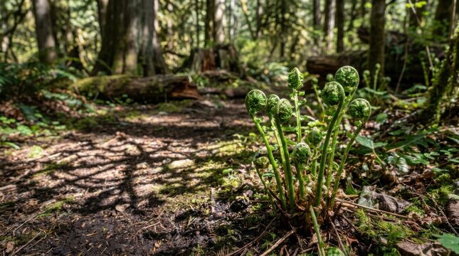 Close-up of green fern fiddleheads unfurling on a forest trail in a temperate rainforest with dappled sunlight, mossy ground, and tall trees in the soft bokeh background.