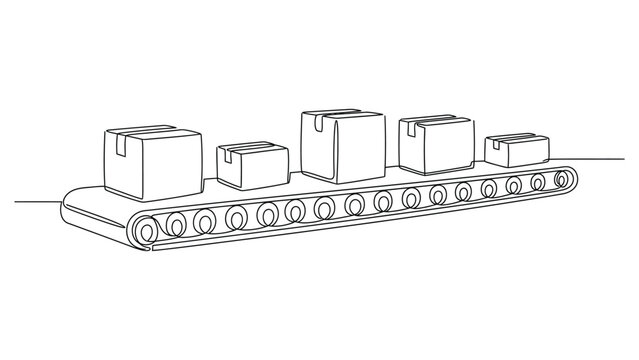 continuous line art Industrial conveyor belt with boxes.