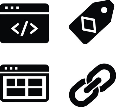 Programming interface and web link icons set isolated on white background black silhouette collection for coding software and digital development design
