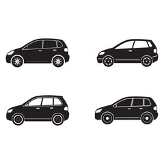 Fototapeta premium Four black car silhouettes in different profiles on white background vehicles in various side views cars with distinct designs