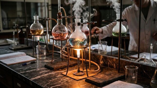 Detailed view of glass boiling flasks containing colorful swirling chemicals being heated over Bunsen burner flames on a marble laboratory bench with steam rising and scientist.