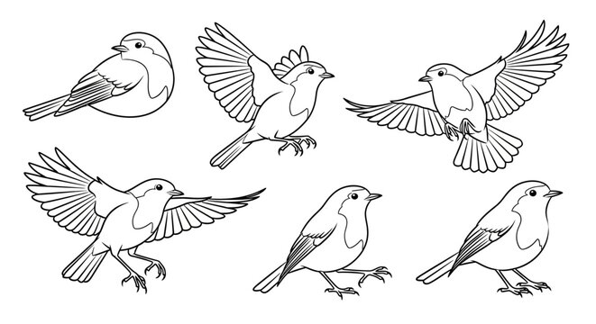 Set of hand-drawn robin birds in various poses for design