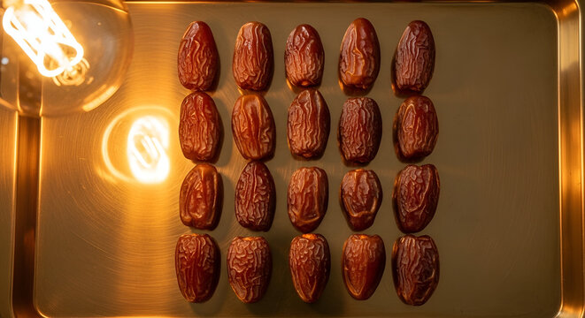 Dates arranged on a baking sheet under warm lighting