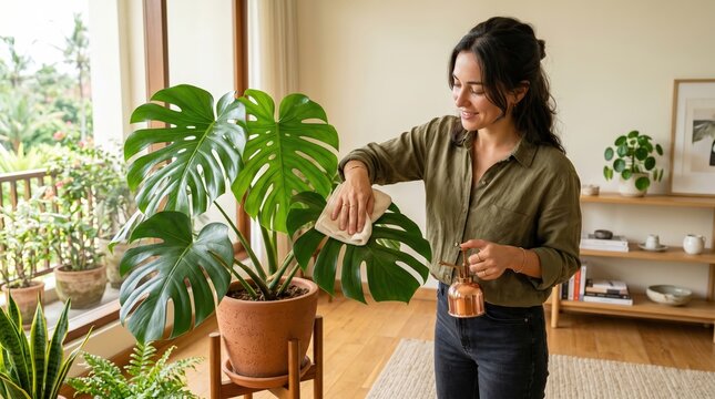 Content woman tenderly cares for her thriving indoor Monstera plant