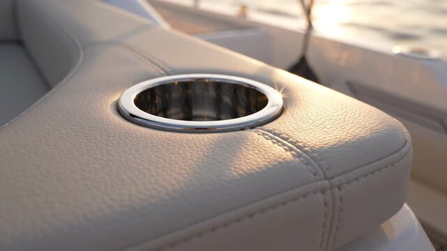 Sunset leather cup holder boat seating marine upholstery stitched cushion stainless cup holder beige leather sunlight reflection luxury boat interior cream leather armrest stainless steel cup holder