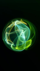 Green glowing abstract plasma sphere with transparent fluid energy ribbons and luminous futuristic wave motion on dark background, digital orb © Aksver