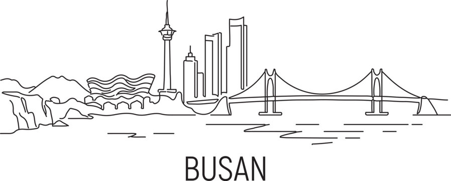 Simple line art of Busan skyline and bridge