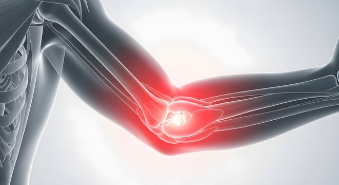 Elbow joint pain and inflammation, medical illustration of human arm highlighting the painful elbow area with red glowing signal indicating discomfort and potential injury