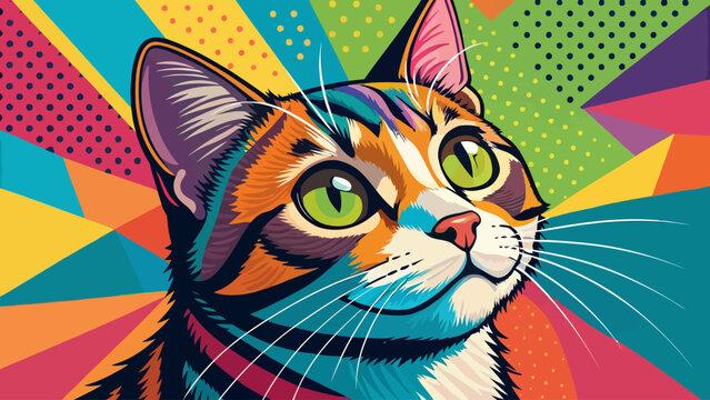 Pop art portrait of a calico cat with green eyes domestic cat modern art color explosion pet owner cat lover animal photography portrait colorful illustration artistic domestic adorable